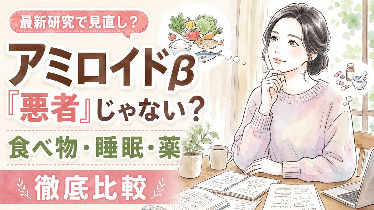 アミロイドβ 減らす食べ物を調べる女性と資料に並ぶ食品のイメージ