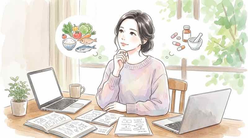 アミロイドβ 減らす食べ物を調べる女性と資料に並ぶ食品のイメージ