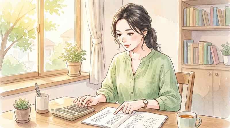 電卓を使って医療費のシミュレーションをする女性
