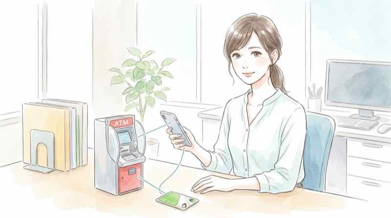 ゆうちょのATM生体認証がスマホの通帳アプリとICキャッシュカードを組み合わせる仕組みの図