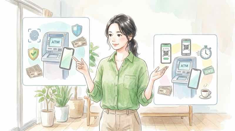 ゆうちょのATM生体認証とカードレス出金の違いを比較する表のイメージ