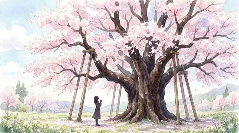 70代の宇野千代が淡墨桜を見上げる様子