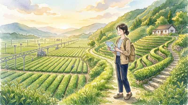 日本茶 2050年の産業構造転換を象徴する平坦地の大規模茶畑と機械化風景