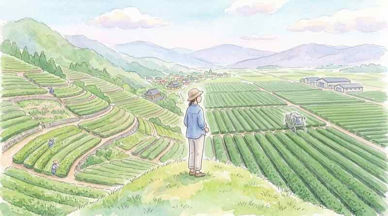 静岡茶 鹿児島の平坦地大規模茶園と山間傾斜地茶園の対比風景