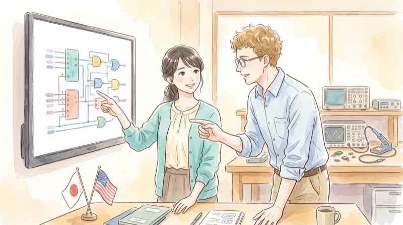 国際協力を象徴する日本と米国の技術連携イメージ