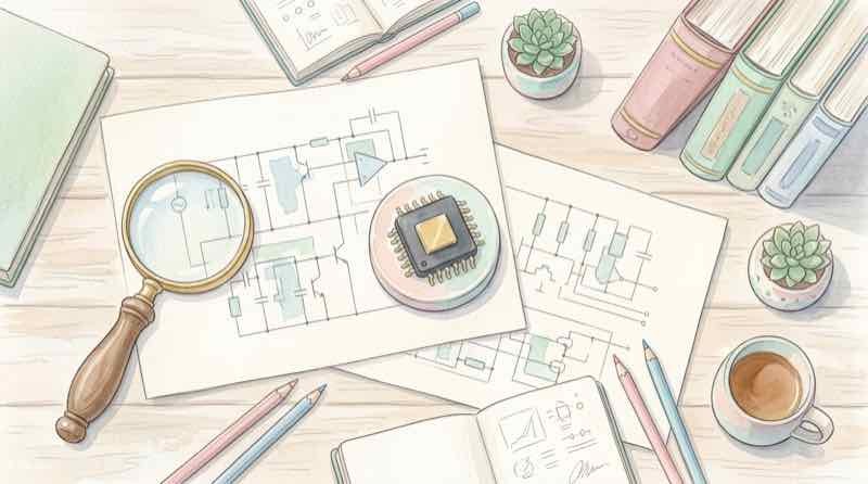回路図とチップの模型が並ぶ研究机のイメージ