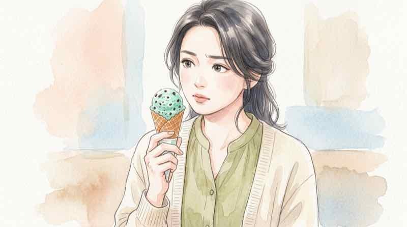 チョコミントを前に不思議そうな表情を浮かべる女性