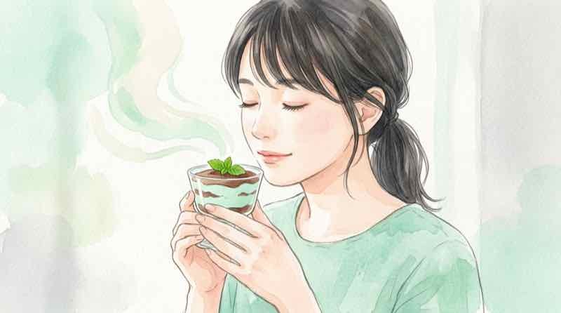 チョコミントアイスを前に不思議そうな表情の女性