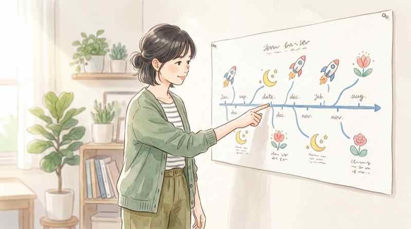 ロケットの軌道図を時系列で整理する女性