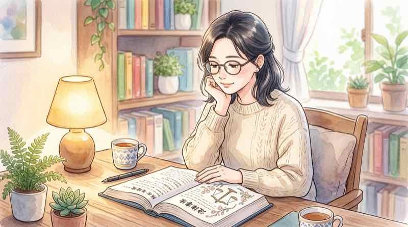 国際法の条文を確認しながら考え込む女性