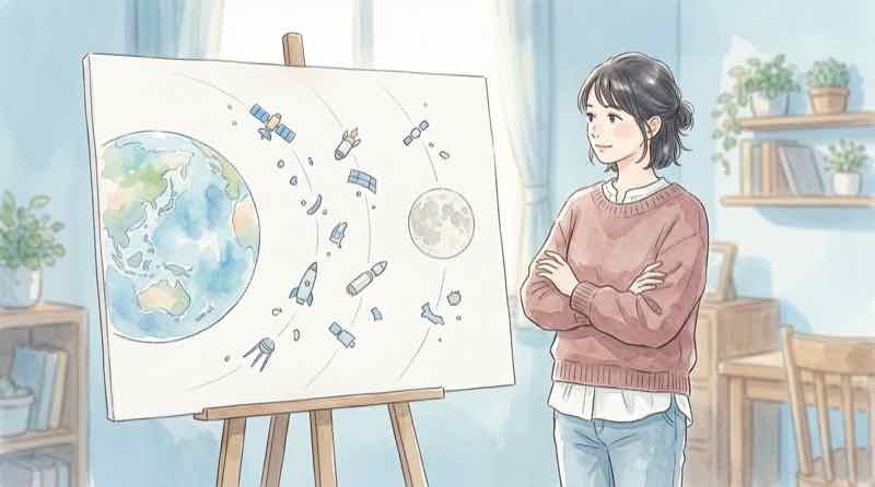 月周辺を漂う宇宙ゴミのイメージ図を見る女性