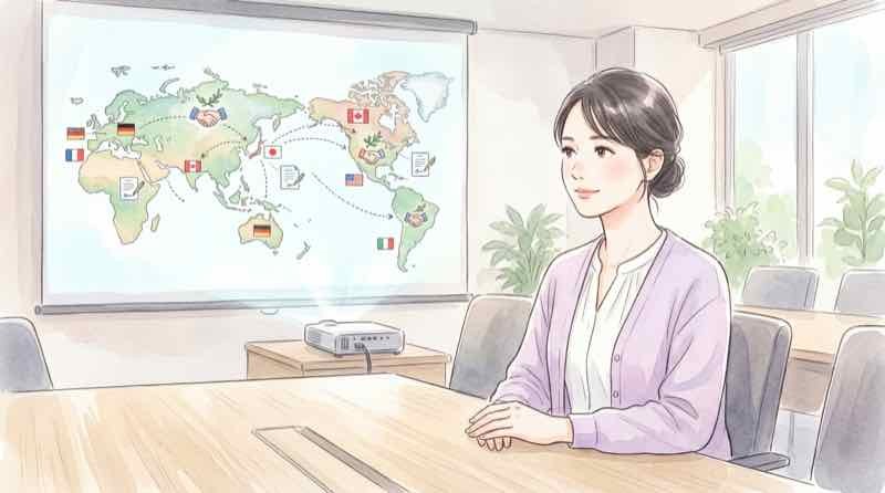 国際会議の資料を確認しながら考える女性