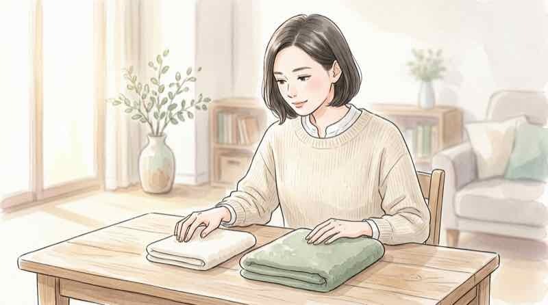 ミニバスタオルと一般的なバスタオルを並べてサイズを比較する落ち着いた洗面所の風景