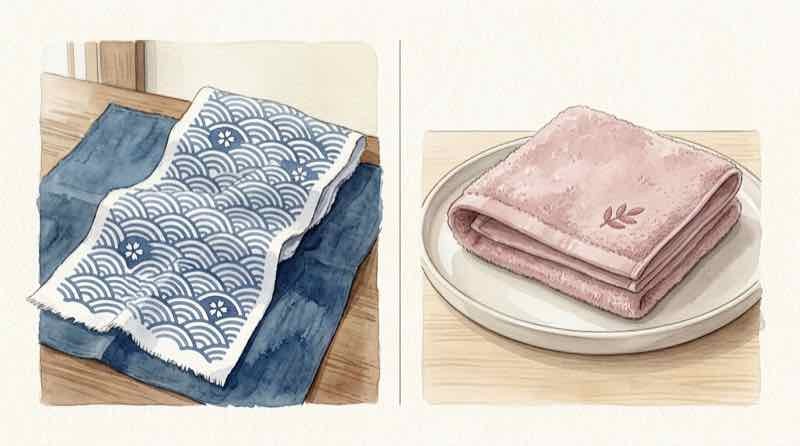 江戸時代風の手ぬぐいと現代のミニバスタオルを並べた資料的なイメージ