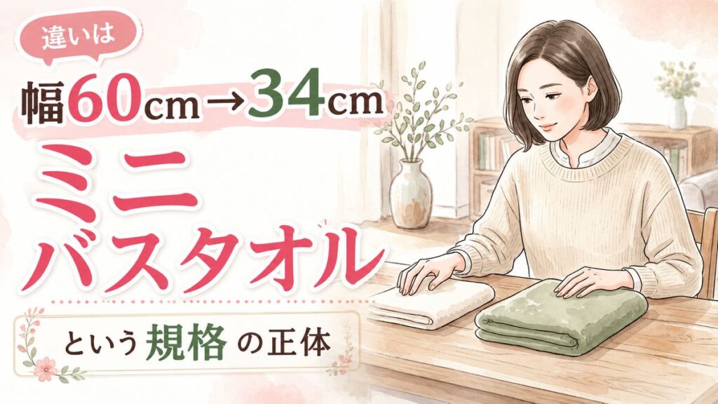 ミニバスタオルと一般的なバスタオルを並べてサイズを比較する落ち着いた洗面所の風景