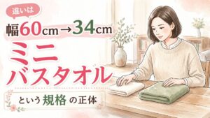 ミニバスタオルと一般的なバスタオルを並べてサイズを比較する落ち着いた洗面所の風景
