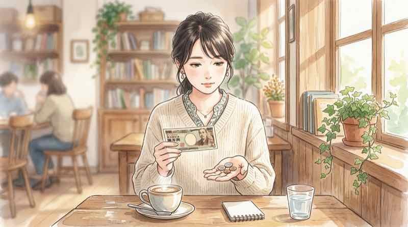 コミケ1万円札嫌がられる理由を財布を手に考える女性のイラスト