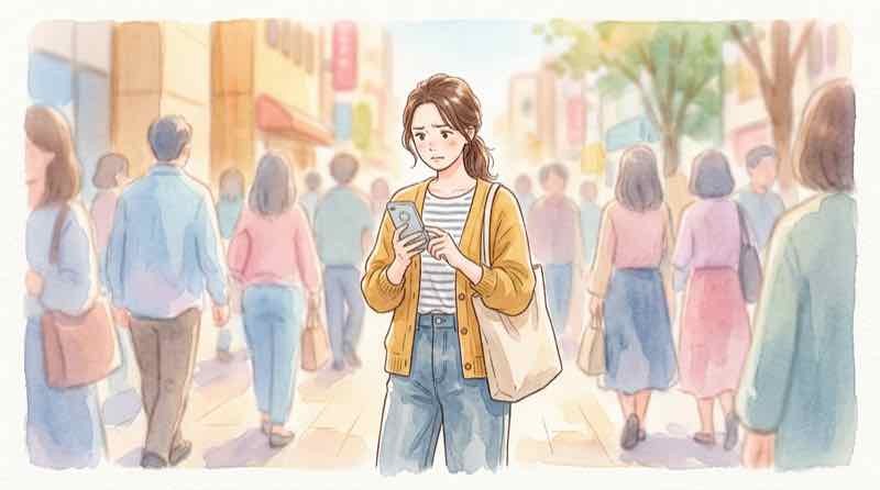 コミケ電子決済が繋がらずスマホを見つめる女性のイラスト