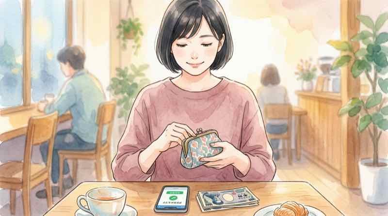 コミケ千円札とキャッシュレスを二刀流で準備する財布のイラスト