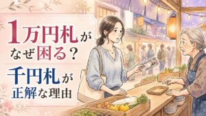 コミケ千円札とキャッシュレスを二刀流で準備する財布のイラスト