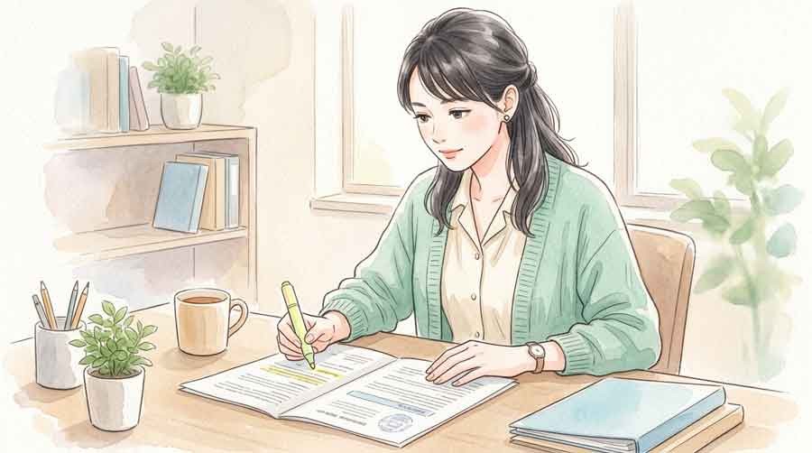 防衛特別法人税の制度資料を読む女性