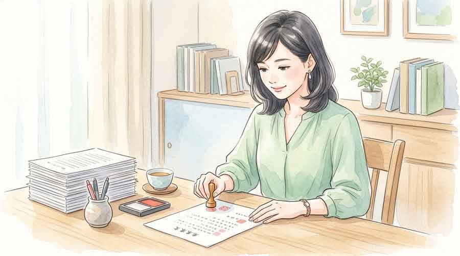 申告書類を確認する経理担当の女性