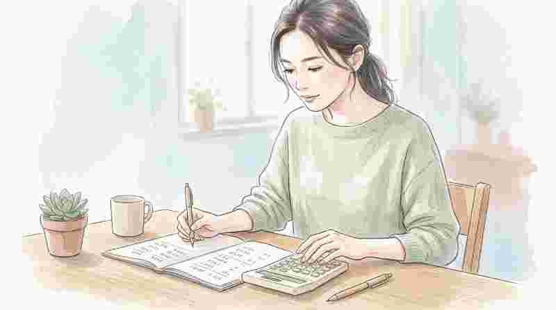 AI悪用の統計データを電卓で試算する落ち着いた女性