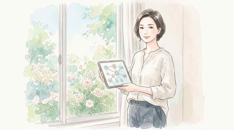 パスキーとゼロトラストの仕組み図を見つめる女性