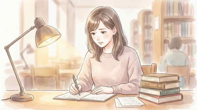 偽装採用の手口についてまとめる知的な女性の様子
