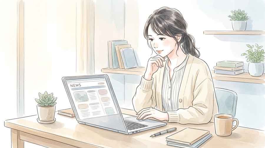電子決済 熊本地震のニュースを資料で確認する知的な女性