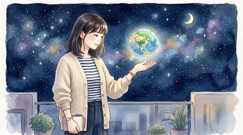 アースライズ 意味を考えながら宇宙と地球の関係を見つめる女性