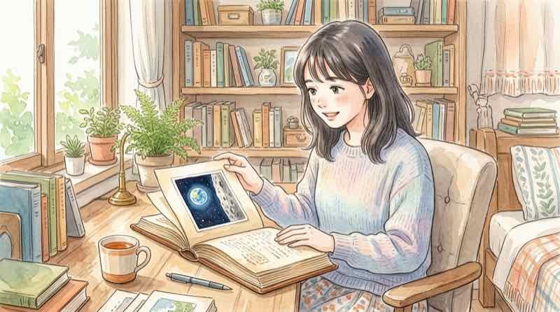 アースライズという名前の由来になった歴史的な写真を調べる女性