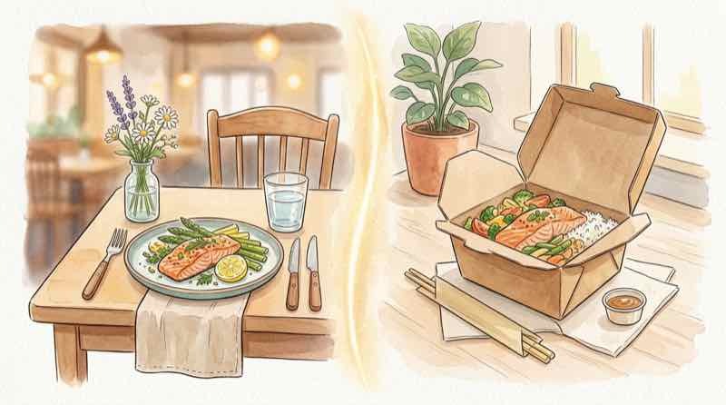 食品減税 外食の店内飲食と持ち帰りの税率差を考える様子