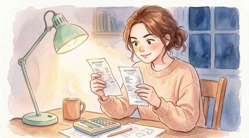 レシートを見比べながら店内飲食と持ち帰りの金額差を確認する様子