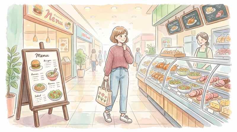 スーパーの惣菜売り場と外食メニューを見比べる様子