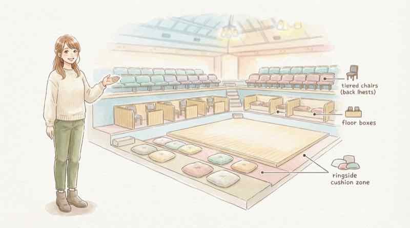 福岡国際センター 座席 の構造をタマリ席・マス席・イス席の3層で示した図解イラスト
