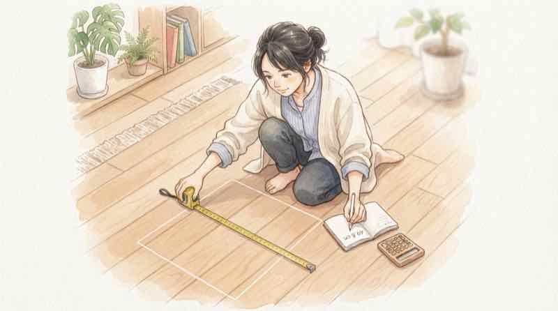 相撲 座席 のマス席の広さを計算してメモする分析的な女性のイラスト