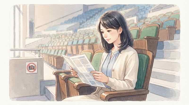 相撲 観戦 のルールを確認する女性と福岡国際センターの客席のイラスト