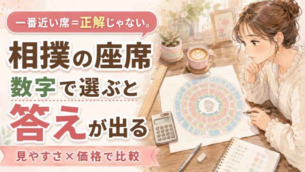 福岡国際センター 座席 のマス席とイス席の違いを一枚にまとめて解説する女性のイラスト