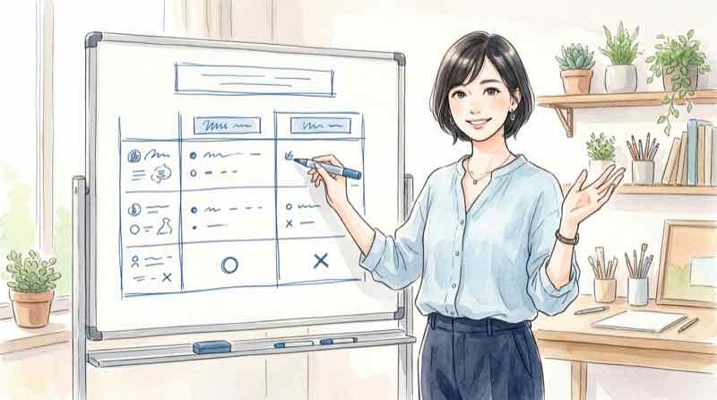 日本版と海外版のタイトルを比較して整理する女性