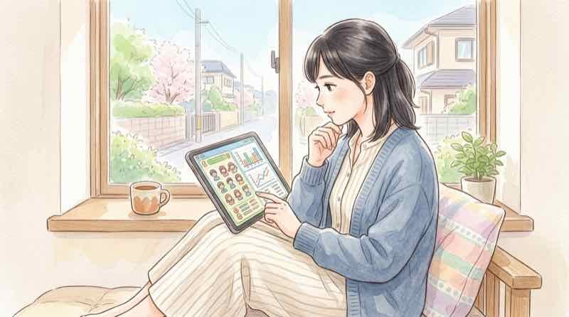 経営シミュレーションゲームの画面イメージを見る女性