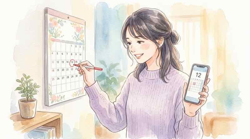 発売日カレンダーを指差して確認する女性