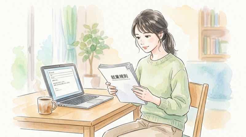 大人のインフルエンザ、会社の就業規則と出勤停止を確認する様子