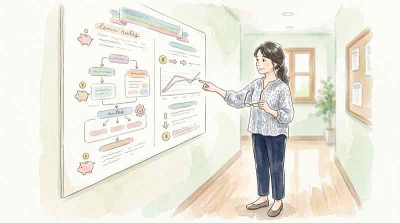 ゆうちょ 引き出し 上限の2026年ルールを資料で確認する女性のイラスト