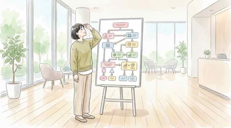 ゆうちょ ATM 生体認証の仕組みを図で理解しようとする女性のイラスト