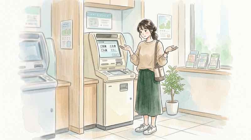 ゆうちょ ATM 生体認証がうまくいかず原因を考える女性のイラスト