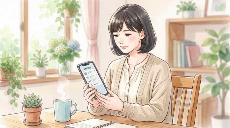 スマートフォンのゆうちょ通帳アプリで生体認証の設定を確認する女性
