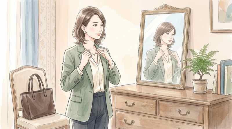 資格取得やキャリアの節目に自分を整える女性と鞄・アクセサリーのある落ち着いた部屋