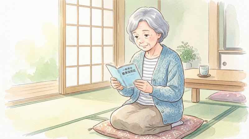 後期高齢者医療制度の被保険者証を確認する75歳以上の女性