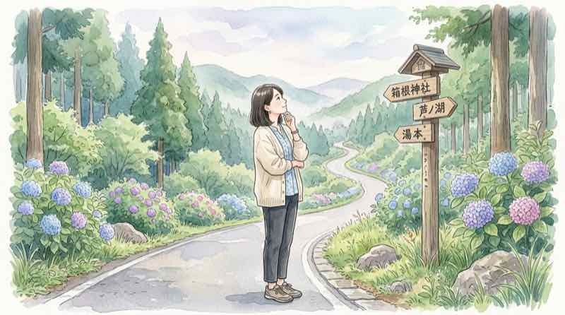 小涌園前という中継地点の名前の由来を、箱根の山道の標識を見上げながら考える女性のイラスト